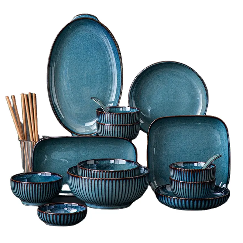 Новая коллекция, набор посуды из голубого фарфора, изготовленная на заказ Керамическая Посуда для гостиничного ресторана