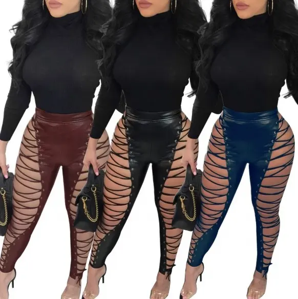 2018 New Woman Black Side Lace Up Reclaimed Leather Gothic Punk Pants Mest belt sexy women club leather Bandage Leggings