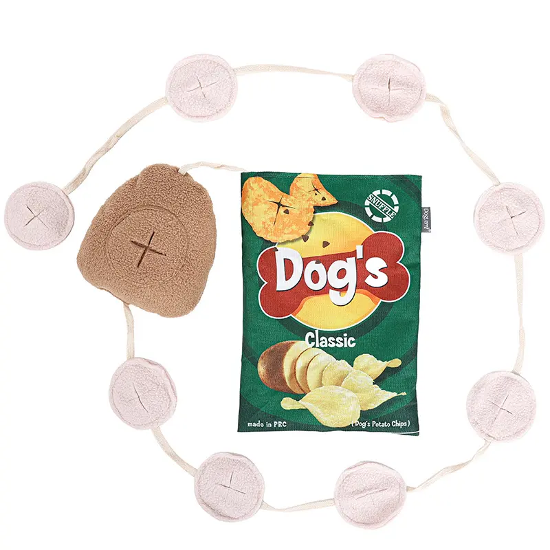 Sıcak satış yüksek kaliteli patates cips şekli peluş oyuncak köpek ses kaçağı gıda çiğnemek taşlama diş interaktif
