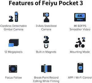 Feiyu กล้องแอคชั่น3ช่องแบบพกพา, กล้องแอคชั่น3แกน4K ไร้สายติดตามแบบถอดออกได้กล้องจาก Youtube Tiktok Vlog - Product Image 6