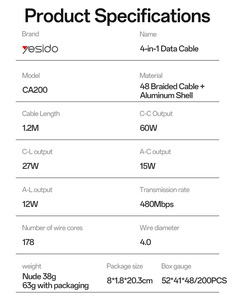 YesIDo สาย CA200ข้อมูล1.2เมตรสูงสุด60วัตต์ชนิด4-in-1 Type-c/usb ไปยัง Type-c/ip ความเร็วสูง - Product Image 5