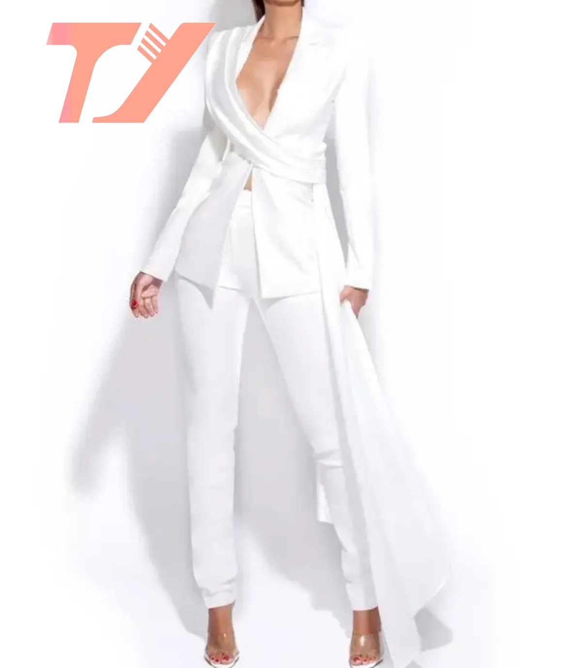 TUOYI Ladies White Skinny Fit Crepe Coat Tuxedo Pant Suits White Office Formal Business Suits Mujeres