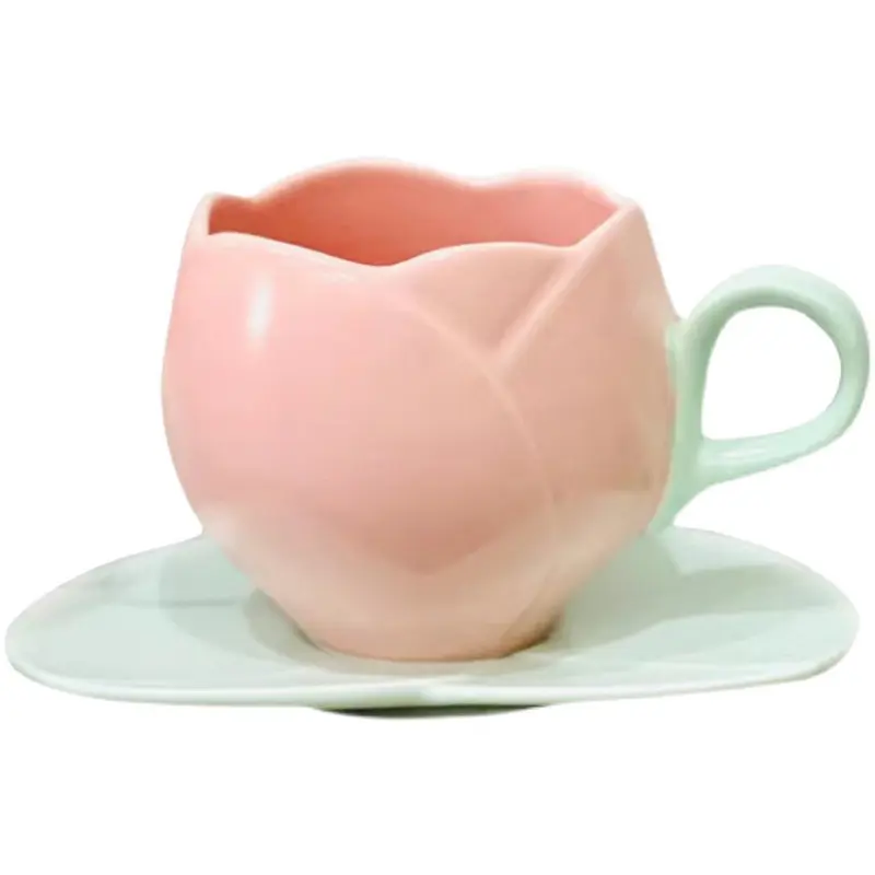 Taza de cerámica con forma de tulipán Irregular creativa de 300ml con juego de platillos, tazas de porcelana para postre, plato para té de la tarde