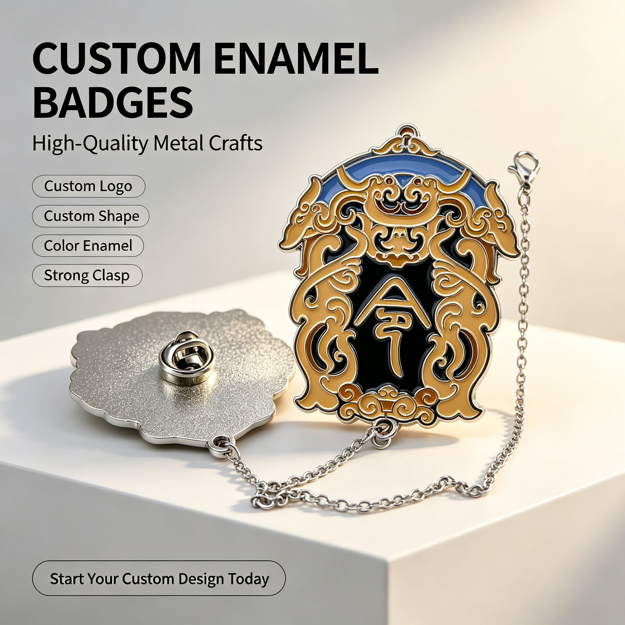 Badge personnalisé en émail noir et or, forme de plaque, échantillonnage rapide