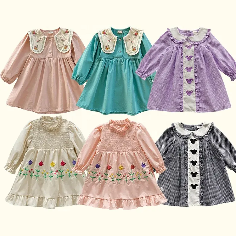 Koreanische 100% Baumwolle kleine Mädchen Kleider Kleidung bestickt lang ärmel igen Herbst neue Tulpe süße Prinzessin Baby Smocked Kleid