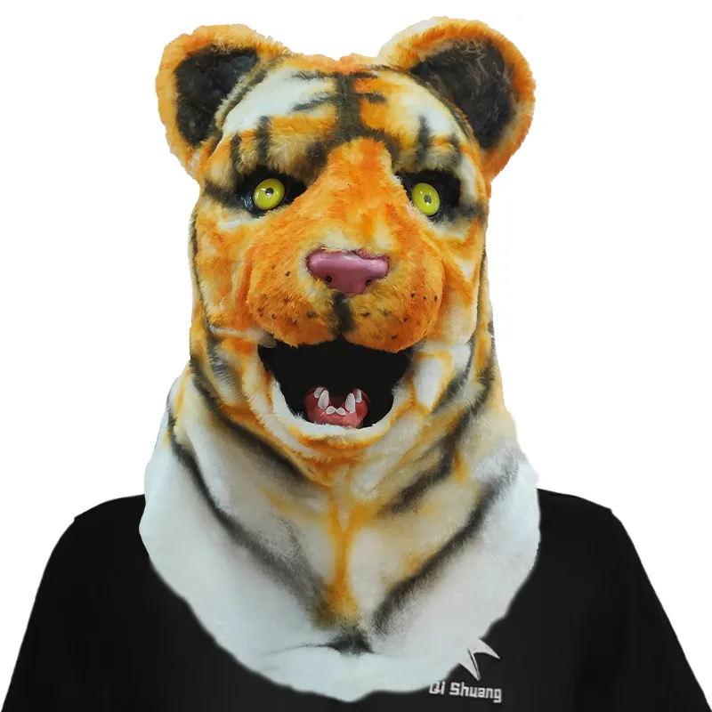 Accesorios de fiesta de Navidad de Halloween personalizados de buena calidad boca realista máscara de tigre que se puede abrir Animal de peluche máscara de cara completa