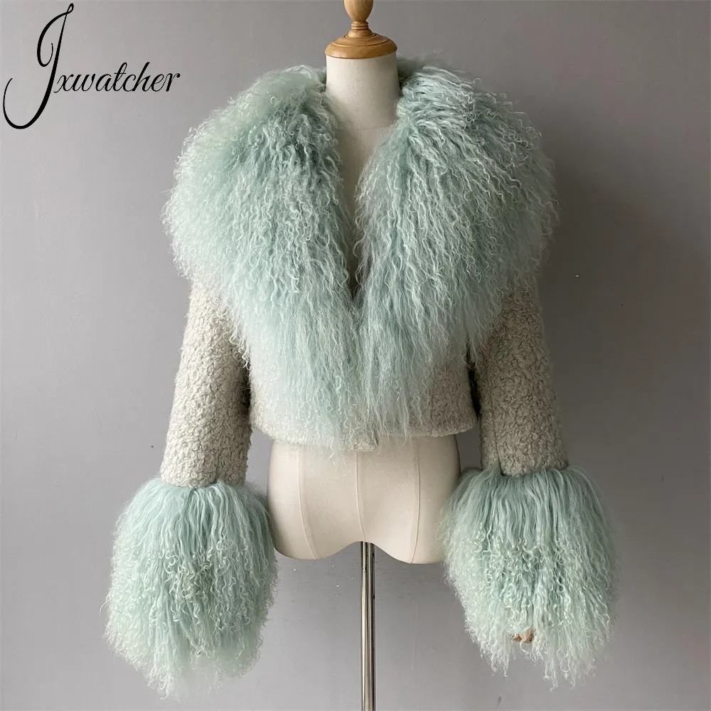 Wholesale Thick Warm Fashion Long Sleeves Sheep Fur Short Style Autumn Big Luxury Lamb Fur Collar Winter Women Natural Wool Coat