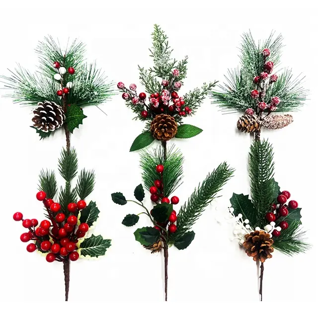 Decoração de Natal Pinho Agulha Cone Azevinho E Baga Vermelha Floral Picks bagas de natal ramos artificiais baga picaretas Hastes