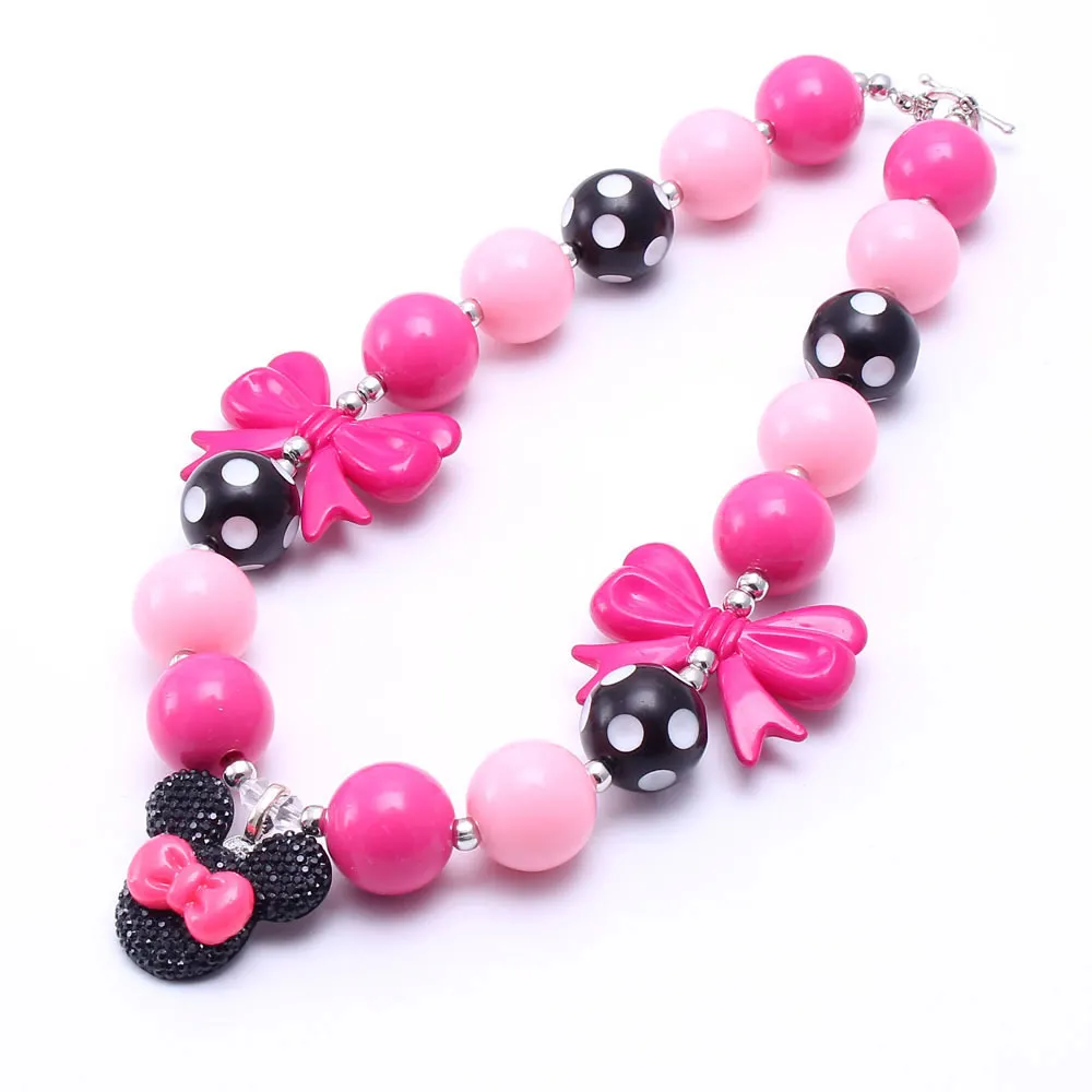 Nouveau arc rose noir Minnie charme enfants gros collier bijoux personnalisés 20mm perles acryliques collier à faire soi-même pour les filles bébé cadeaux