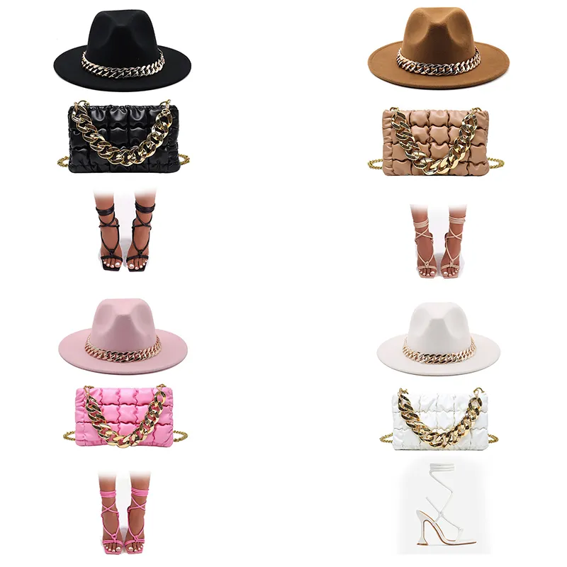 Saco de logotipo personalizado, venda quente, bolsa de logotipo personalizada, bonito, mulher, chapéu de luxo, conjunto de bolsa de mão, sapatos com chapéu