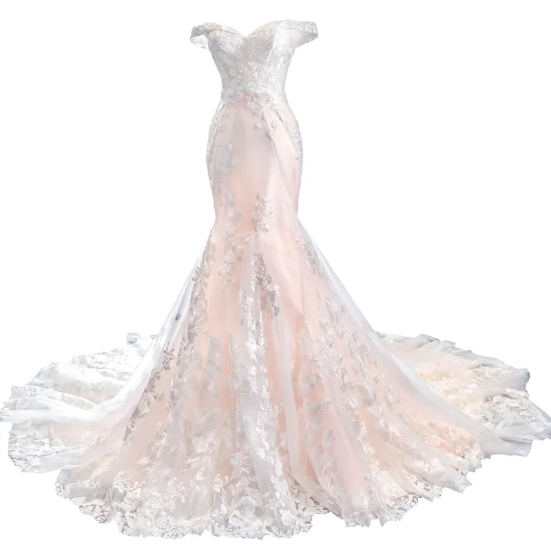 マーメイドピンクオフショルダーレースアップバックウェディングドレスロースキンカラー花嫁ショー薄いフィッシュテールウェディングドレス