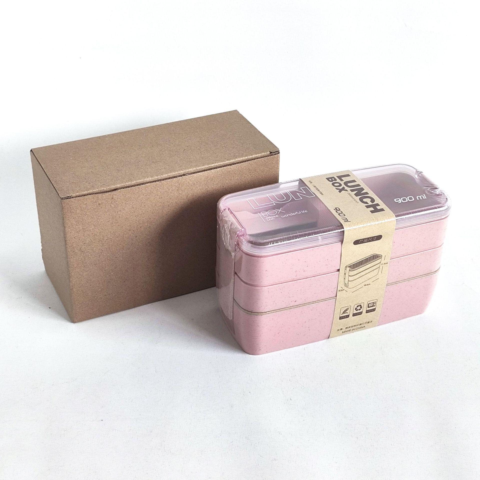 Ht6460-900ml wheat 3-layer lunch carton-pink-60 boxes