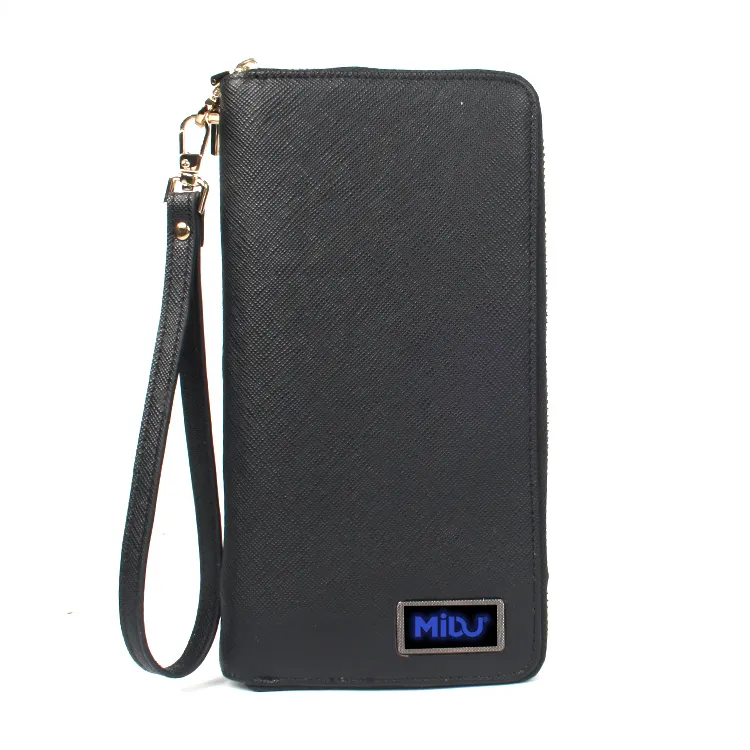 Billetera inteligente de cuero Pu personalizada para hombre, billetera con cargador de batería, cremallera