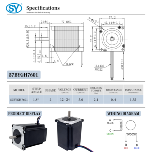 عزم دوران عالي <span class=keywords><strong>NEMA</strong></span> <span class=keywords><strong>23</strong></span> 57X57X76MM 2.1Nm 5A 4 سلك 57BYGH76 12V 24V Bipolar لأتمتة التصنيع باستخدام الحاسب الآلي - Product Image 2