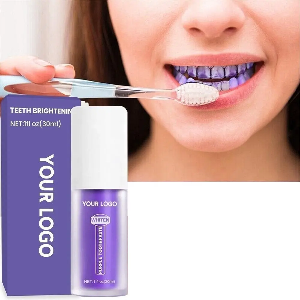 Venta al por mayor mejor v34 color corrector dientes blanqueamiento pasta de dientes Etiqueta Privada púrpura corrector suero pasta de dientes