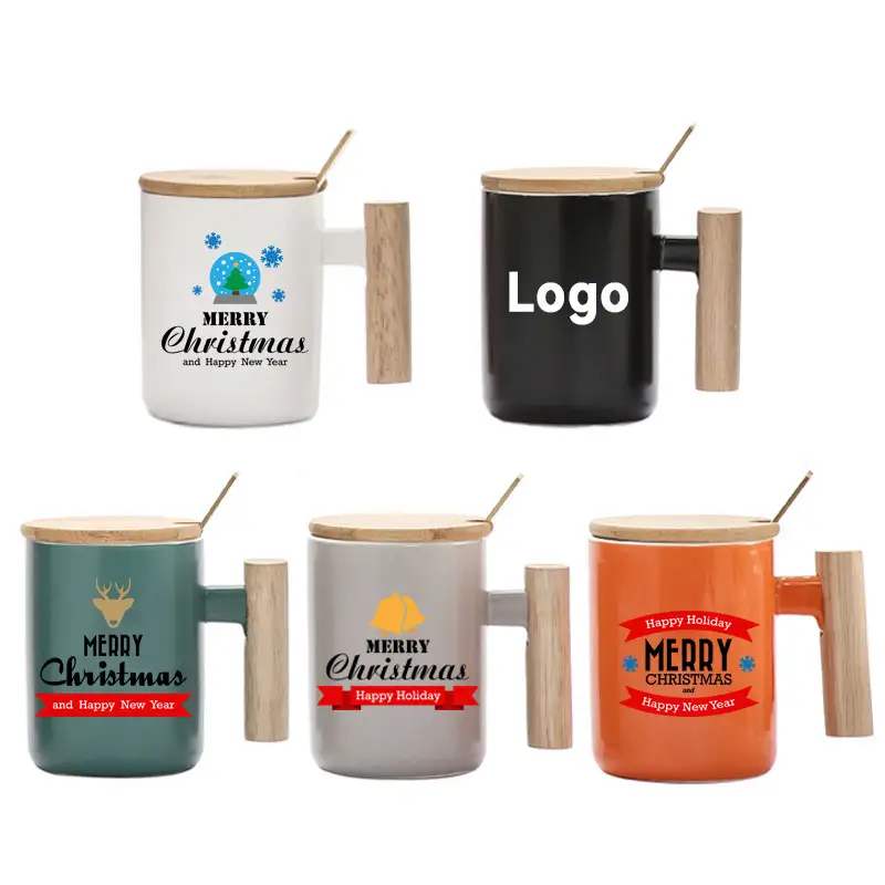 14 oz negro mate exquisito logotipo personalizado de bambú y cuchara para revolver caja de regalo mango de madera taza de café de lujo taza con tapa de madera