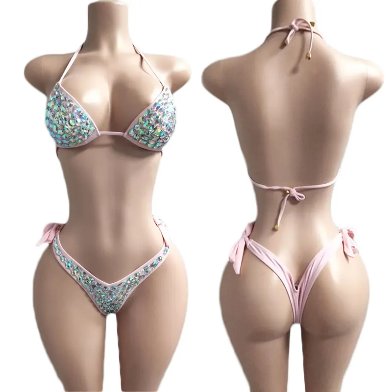 Elite Femme brillant paillettes bikini ensemble strass diamant maillot de bain avec populaire couleur unie sexy dame soutien-gorge Rose sexi danse exotique