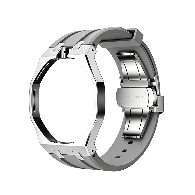 Boîtier argenté Bracelet en silicone gris