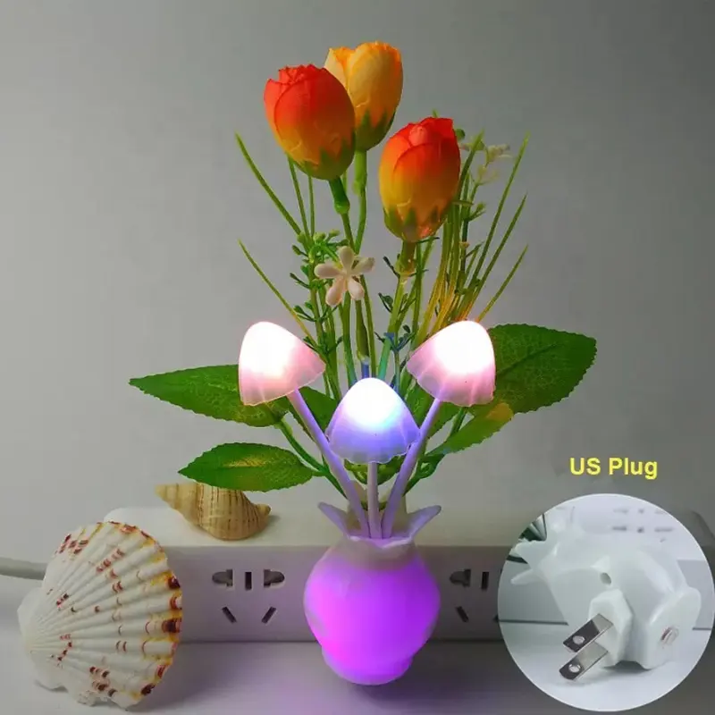 Nursery Bed Lamps Colorful Wall Lamp LED Little Night Lights Lily Flowers Plug-in Mushrooms Colors Changing Nightlight