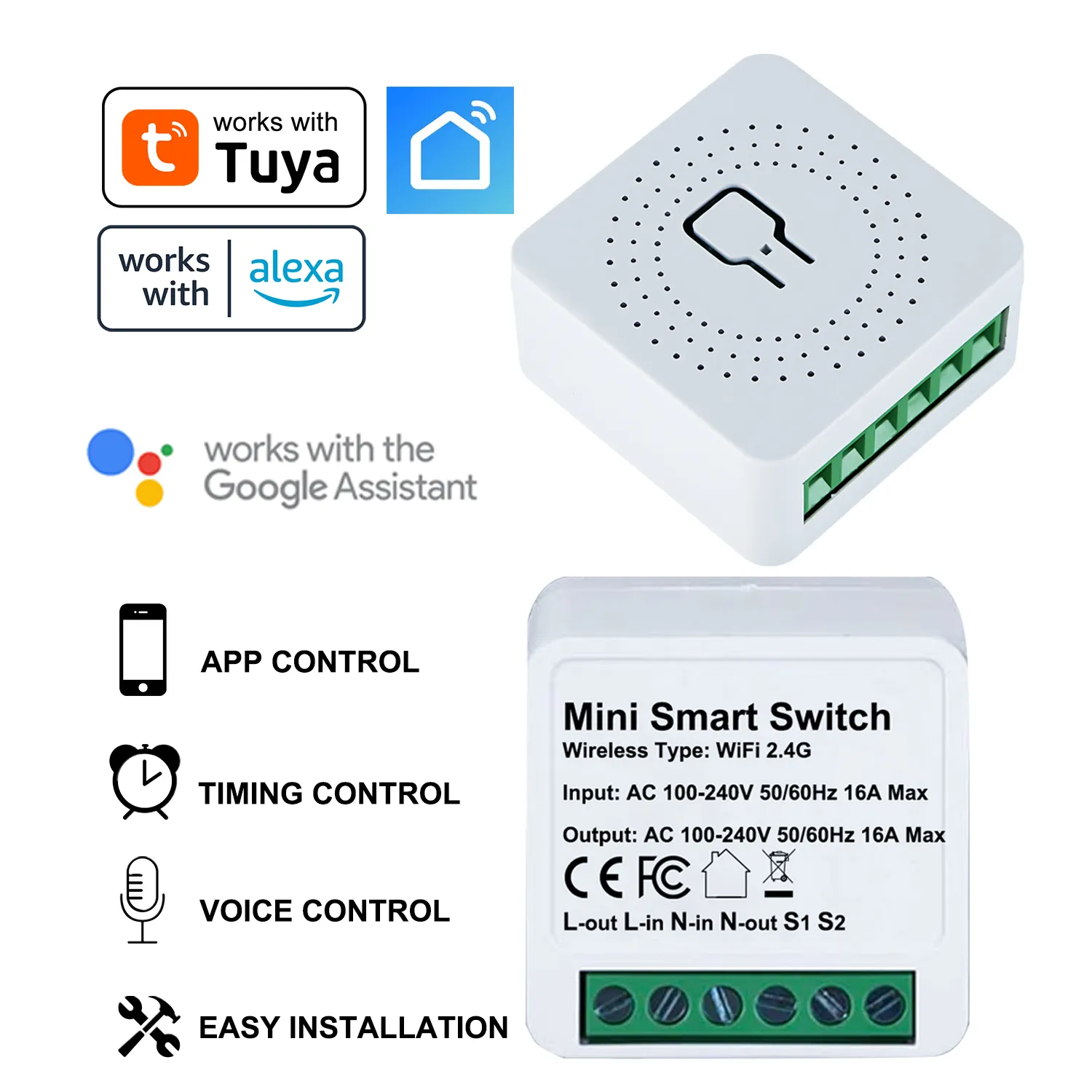 16A 2 ทาง App รีโมทคอนโทรลไร้สาย Alexa ควบคุมเสียงม่านไฟบ้านอัจฉริยะมินิ wifi Tuya สวิตช์อัจฉริยะ