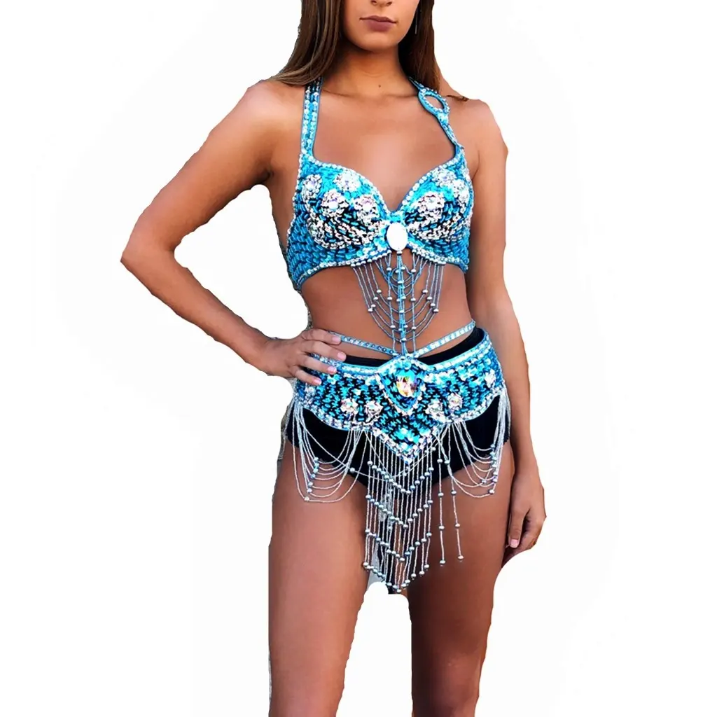 Bestdance Belly Dance Costume for Women Tribal Belly Dance Bra and Belt Sexy Professional Dancing Suit Carnival Bra Belt