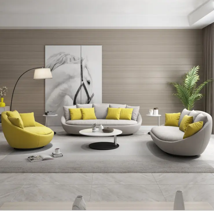 Divano imbottito in tessuto di velluto grigio con set di divani di base in acciaio inossidabile di nuovo design