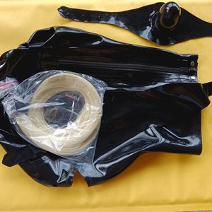 性感黑色乳胶兜帽头饰面具与假阳具Gag Cosplay BDSM恋物癖马尾辫橡胶乳胶兜帽面具