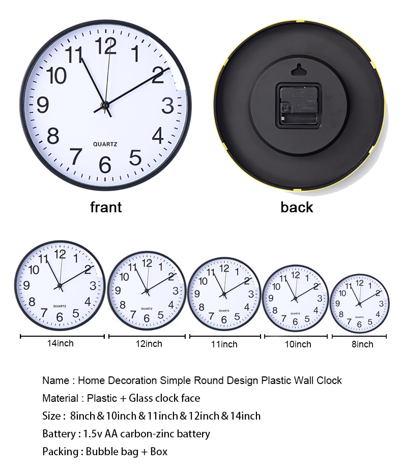 Home Decoration Simple Round Design 12 inch Cheap Plastic Wall Clock