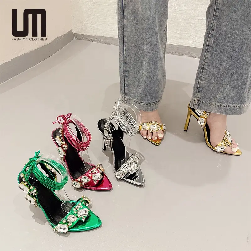 Liu Ming modis produk baru wanita seksi Bling kristal pesta sandal mewah berlian imitasi tali silang sepatu hak tinggi