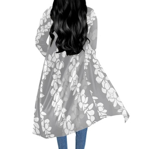 No MOQ Design di lusso <span class=keywords><strong>grigio</strong></span> Puakenikeni Elei modello hawaiano stile tropicale Casual Cardigan a maniche lunghe da donna Trench - Product Image 6