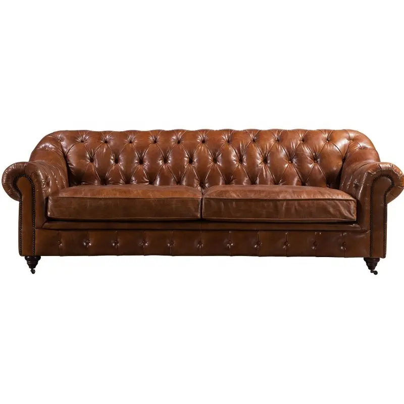 home living room furniture luxury sofa set top grain genuine leather rolled arm chesterfield vintage brown tufted button sofa