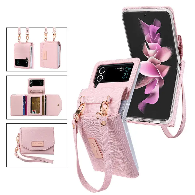 Casing dompet kulit galaxy z flip4 Flip3, casing ponsel dompet kulit dengan tali tangan untuk samsung galaxy z flip4