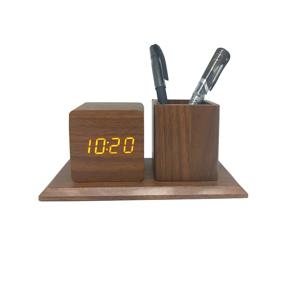 Réveil en bois de bambou à LED numérique avec affichage de la température multifonction et porte-stylo décoratif pour bureau à domicile