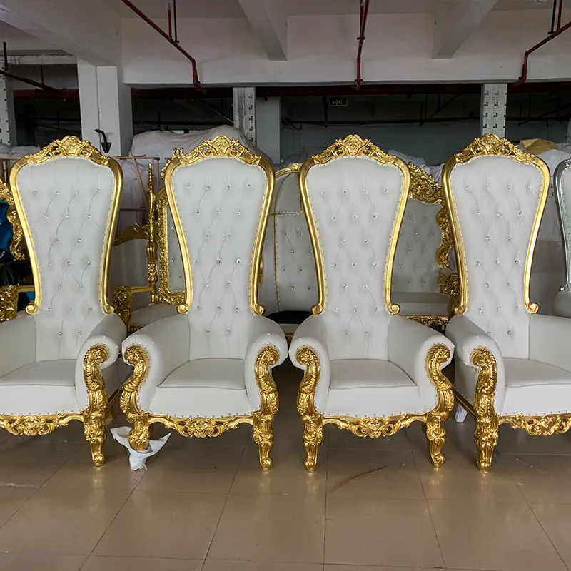 Rey y Reina de respaldo alto, sillas de trono dorado más baratas, silla de boda de lujo real para novio y novia, Chiavari de respaldo alto europeo