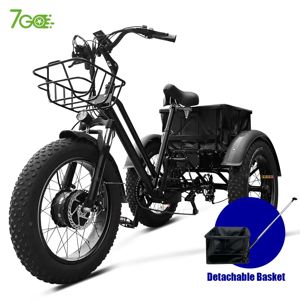 Motor triciclo elétrico para bicicleta e triciclo de carga, motor de 3 rodas com pedal de 3 rodas, pneu gordo de 20 polegadas e 750 W para adultos