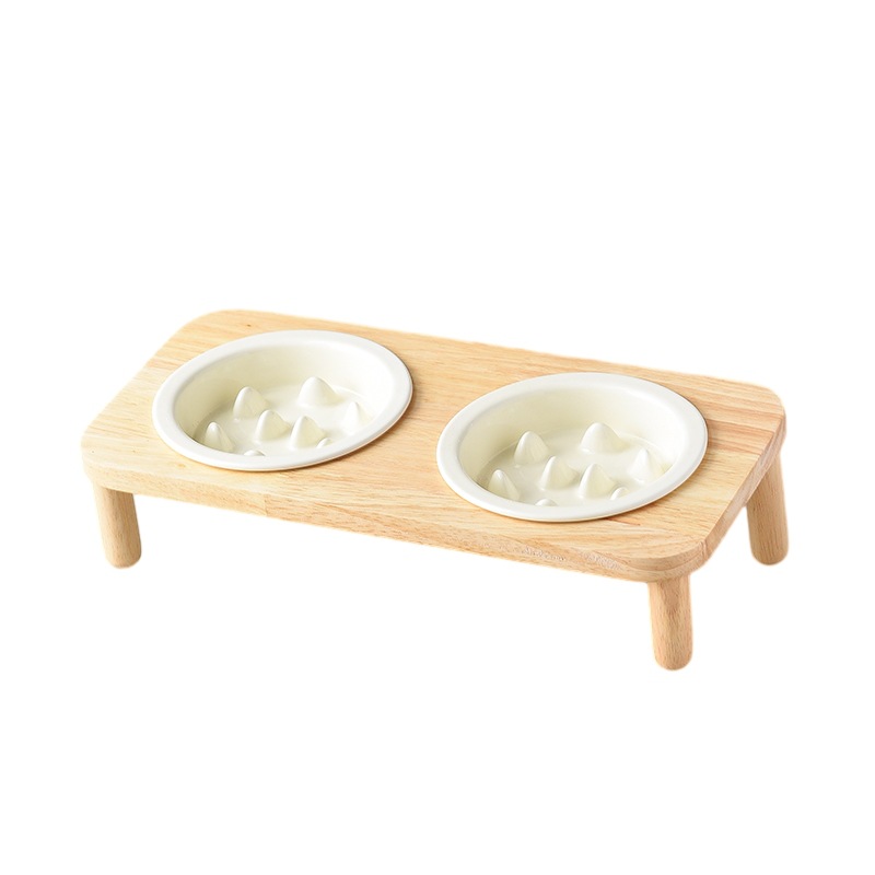 Cuenco de Comida Lenta arroz brillante blanco + estante de madera