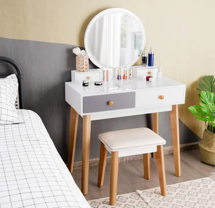 Coiffeuse de style moderne pour petite chambre à coucher, table de maquillage multifonctionnelle en bois massif