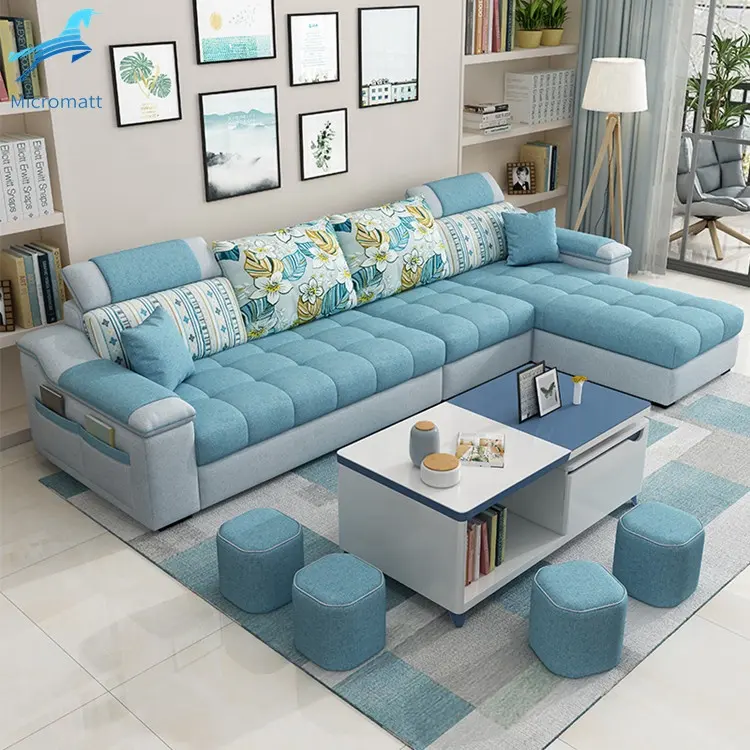 Aanpasbare Eenvoudige Stijl Stof Blauw Kleur Zitkamer Meubels 4 Zitplaatsen Sofa Set