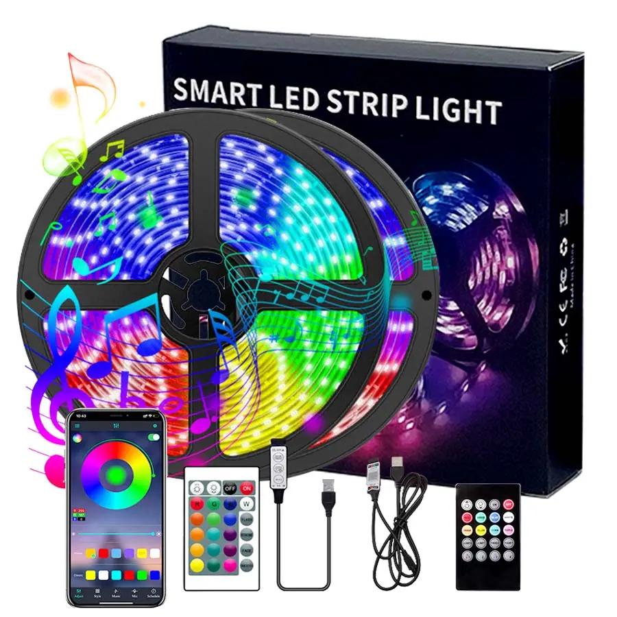 Juego de tiras LED de 5V, 5050RGB, impermeable, colorido, USB, 24 teclas, música, Bluetooth, TV, Fondo, atmósfera, luz, habitación, tira de luz Led RGB