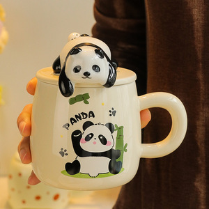 NEWELL sevimli karikatür üç boyutlu Panda seramik kapaklı kupa kaşık Ins büyük kapasiteli içme fincan - Product Image 2