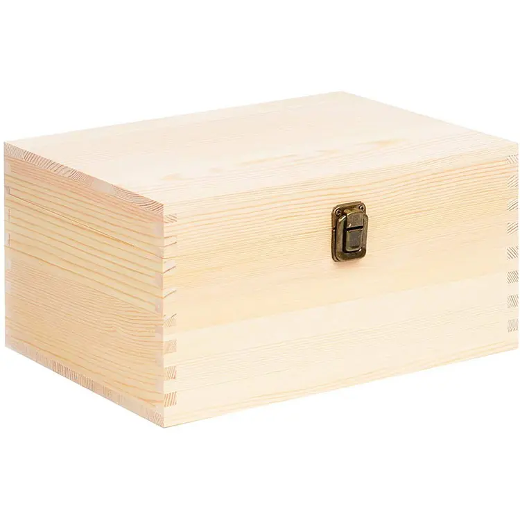 Caixa de madeira de pinho retangular extra grande, caixa natural de madeira de pinho sem acabamento com tampa giratória e fecho frontal