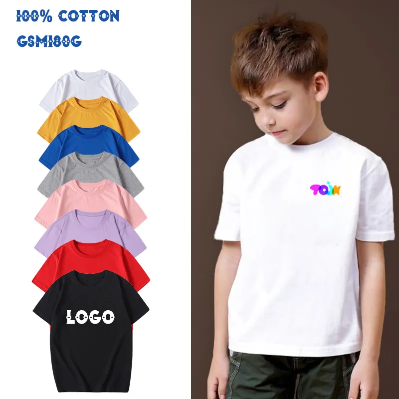 Camisetas para crianças de 100% algodão, camisetas para crianças, impressão de tela dtg personalizada com etiquetas, logotipo bordado, camisetas para meninos e meninas