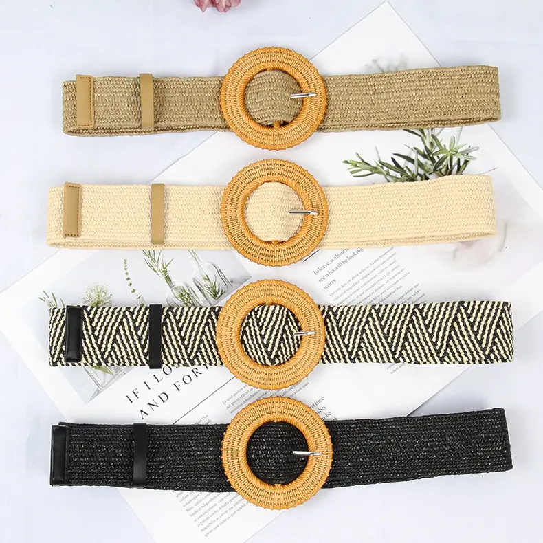 Cinturón elástico de paja ancha para mujer, cinturón de tela trenzada con hebilla de madera cuadrada, a la moda