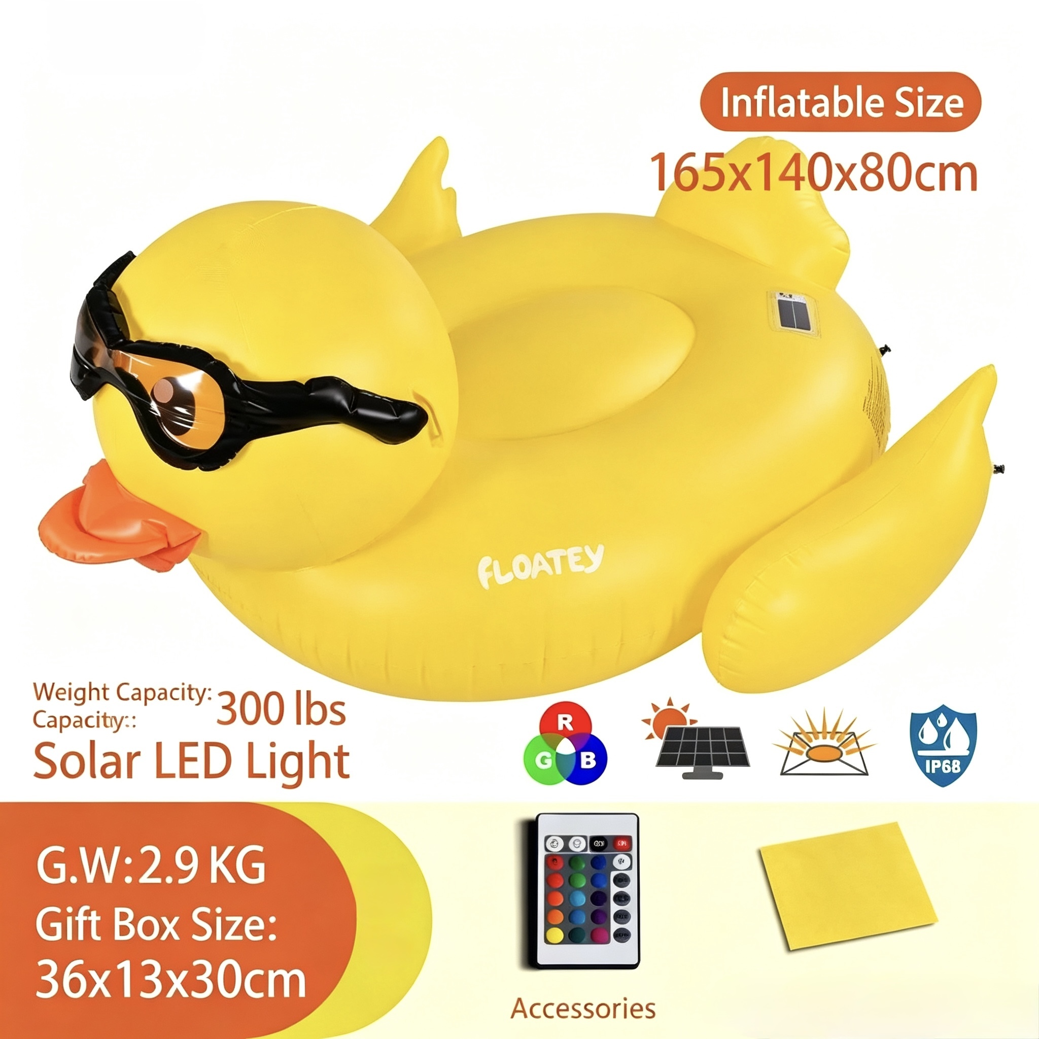 Flotador gigante para piscina con sensor de luz amarilla LED (sin bomba)