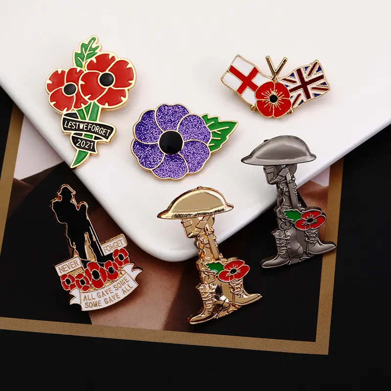 Insignias de PIN de amapola personalizadas Pin de esmalte de flor roja de alta calidad Pins de solapa conmemorativos de veteranos