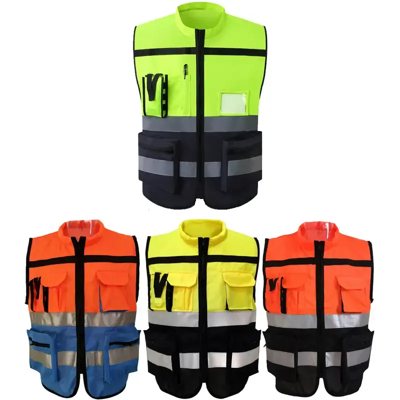 Chaleco de seguridad reflectante para construcción, logo personalizado de alta visibilidad, hi vis, amarillo y naranja, para trabajo de tráfico, con múltiples bolsillos, ventana de identificación