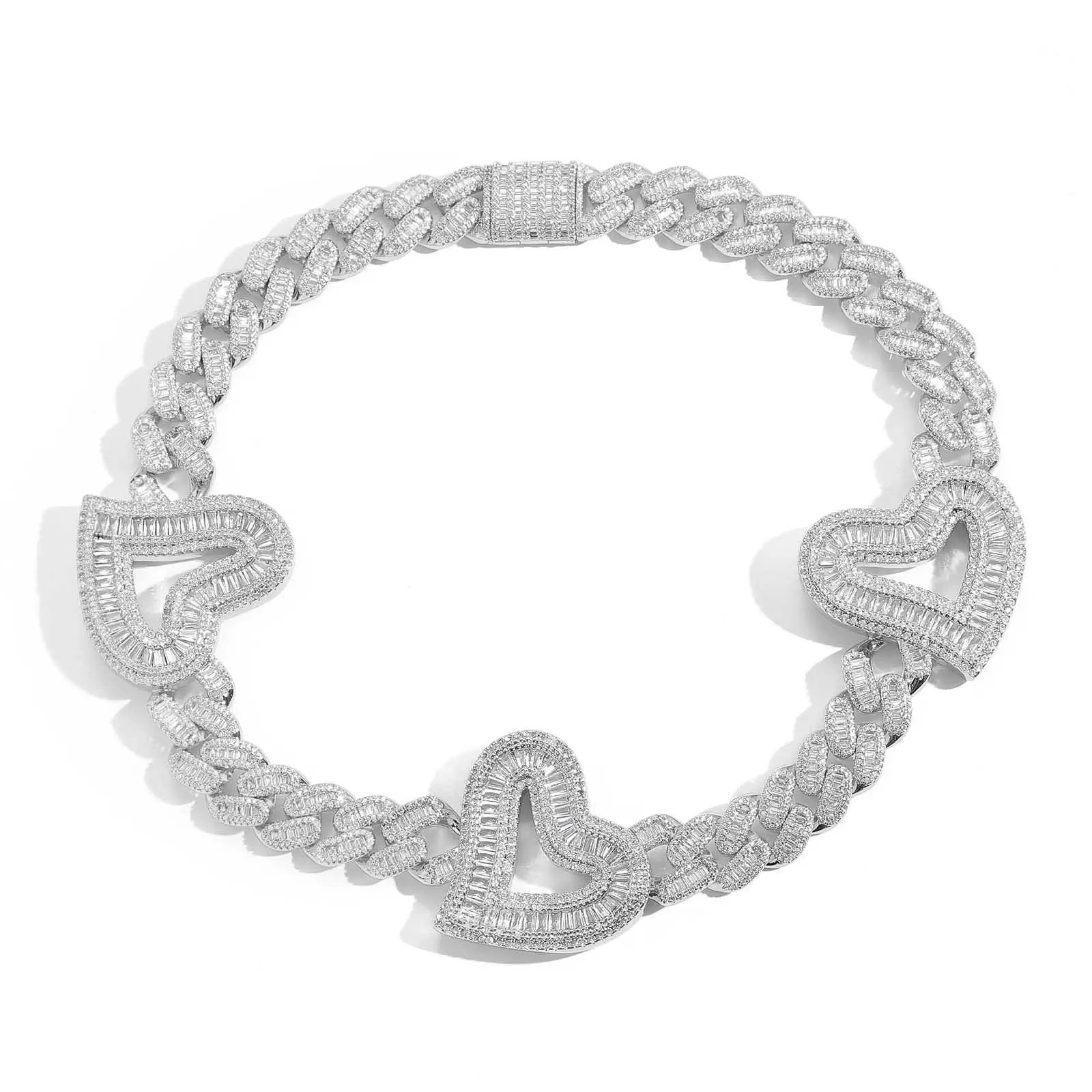 Gran oferta collar de eslabones cubanos 16mm Baguette CZ Cadena de corazón grande pulsera de moda collar Hip Hop mujer hombre joyería