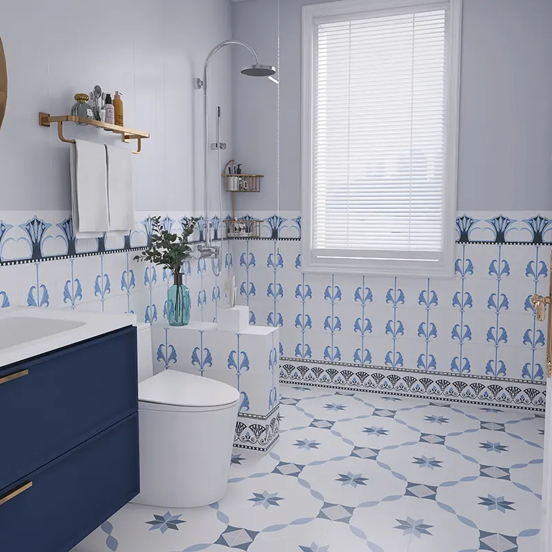 Preço barato 200x200 azul série flor padrão banheiro telha de parede banheiro backsplash telha quadrada