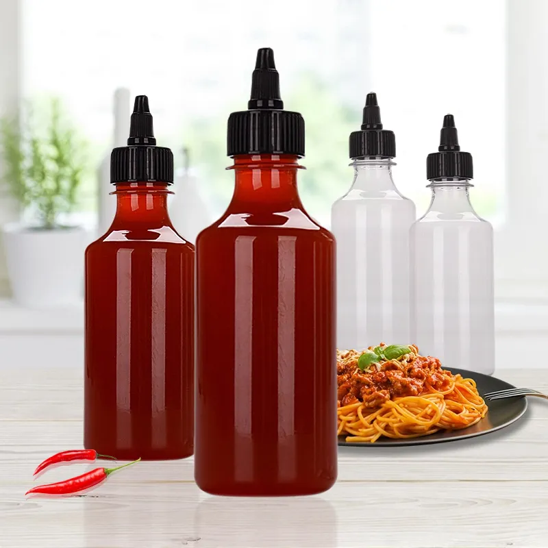 Özel 8oz 255ml ketçap sos şişesi gıda sınıfı sıcak biber Sriracha PET şişe sıkmak plastik şişeler