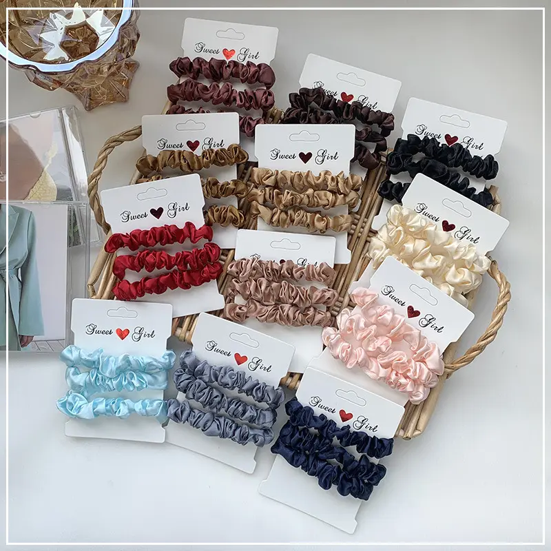 ขายส่งผ้าไหมผู้หญิงสาว 3 ชิ้น/เซ็ตผมเด็กเชือกผม Bows ผม Scrunchie สีทึบยืดหยุ่นหางม้าผู้ถือ